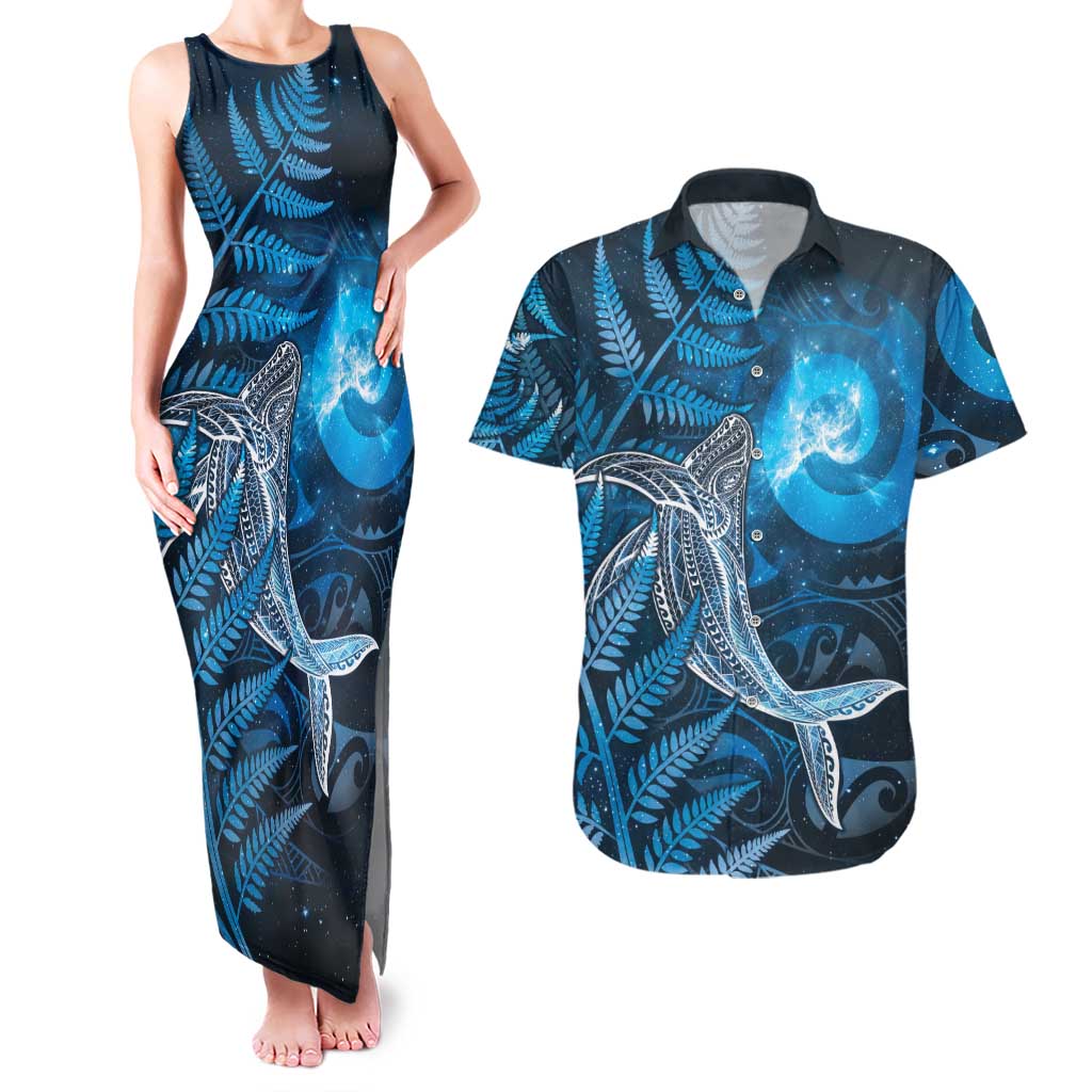 New Zealand Matariki Couples Matching Tank Maxi Dress and Hawaiian Shirt Maori Koru With Humpback Whale Blue LT05 Blue - Polynesian Pride