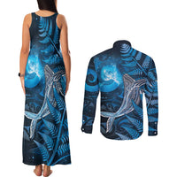 New Zealand Matariki Couples Matching Tank Maxi Dress and Long Sleeve Button Shirt Maori Koru With Humpback Whale Blue