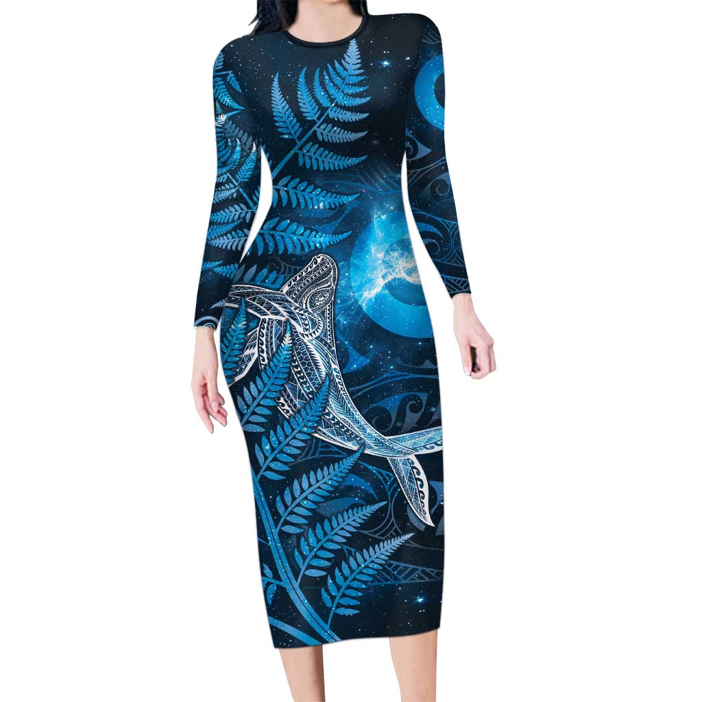 New Zealand Matariki Family Matching Long Sleeve Bodycon Dress and Hawaiian Shirt Maori Koru With Humpback Whale Blue LT05 Mom's Dress Blue - Polynesian Pride