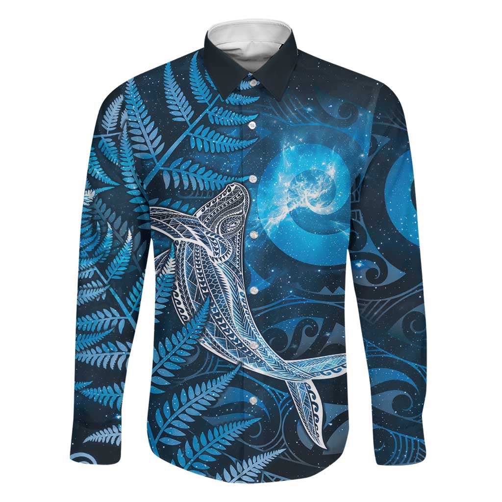 New Zealand Matariki Family Matching Off The Shoulder Long Sleeve Dress and Hawaiian Shirt Maori Koru With Humpback Whale Blue LT05 Dad's Shirt - Long Sleeve Blue - Polynesian Pride