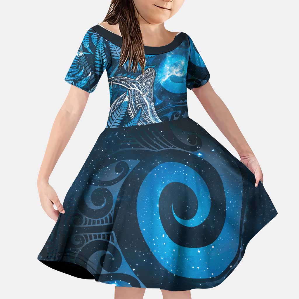 New Zealand Matariki Family Matching Off Shoulder Short Dress and Hawaiian Shirt Maori Koru With Humpback Whale Blue LT05 Daughter's Dress Blue - Polynesian Pride
