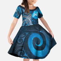 New Zealand Matariki Family Matching Summer Maxi Dress and Hawaiian Shirt Maori Koru With Humpback Whale Blue LT05 Daughter's Dress Blue - Polynesian Pride