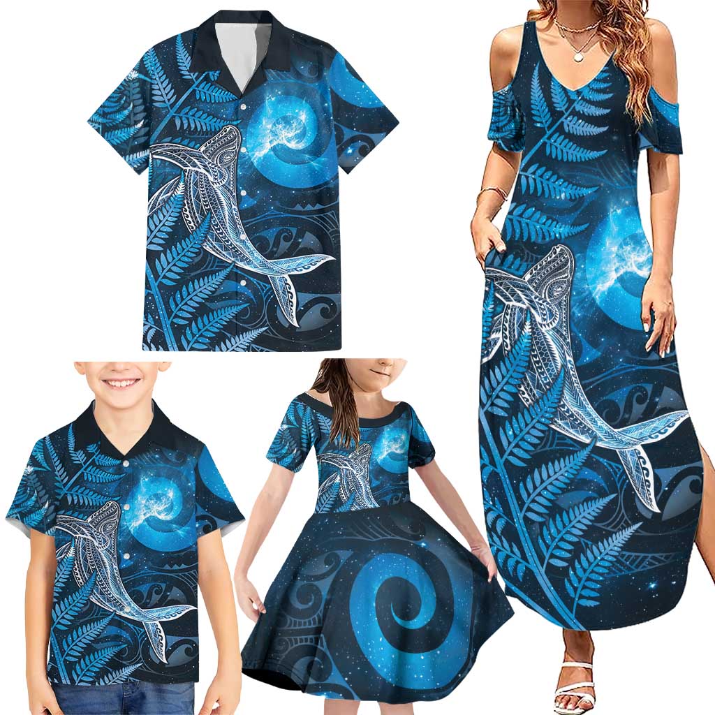 New Zealand Matariki Family Matching Summer Maxi Dress and Hawaiian Shirt Maori Koru With Humpback Whale Blue LT05 - Polynesian Pride