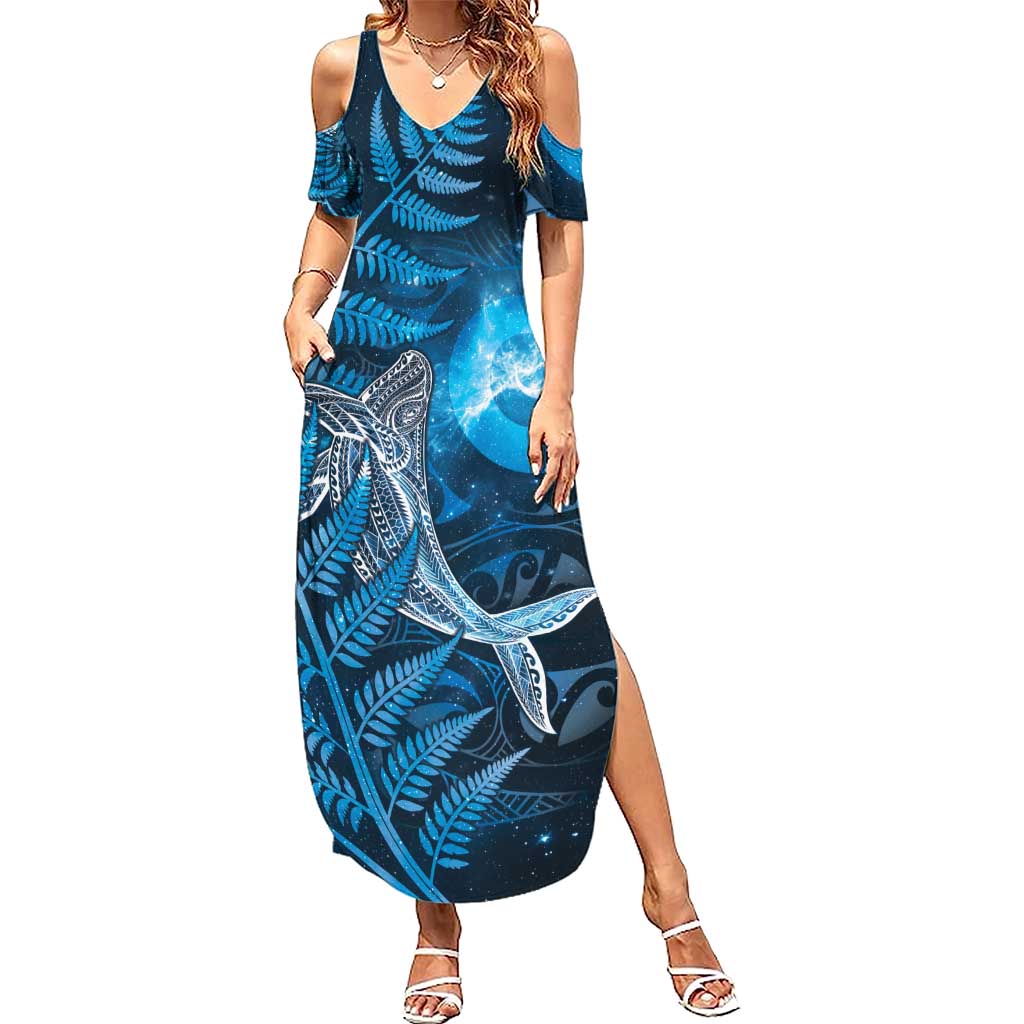 New Zealand Matariki Family Matching Summer Maxi Dress and Hawaiian Shirt Maori Koru With Humpback Whale Blue LT05 Mom's Dress Blue - Polynesian Pride
