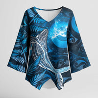 New Zealand Matariki Kimono Sleeve Blouse Maori Koru With Humpback Whale Blue