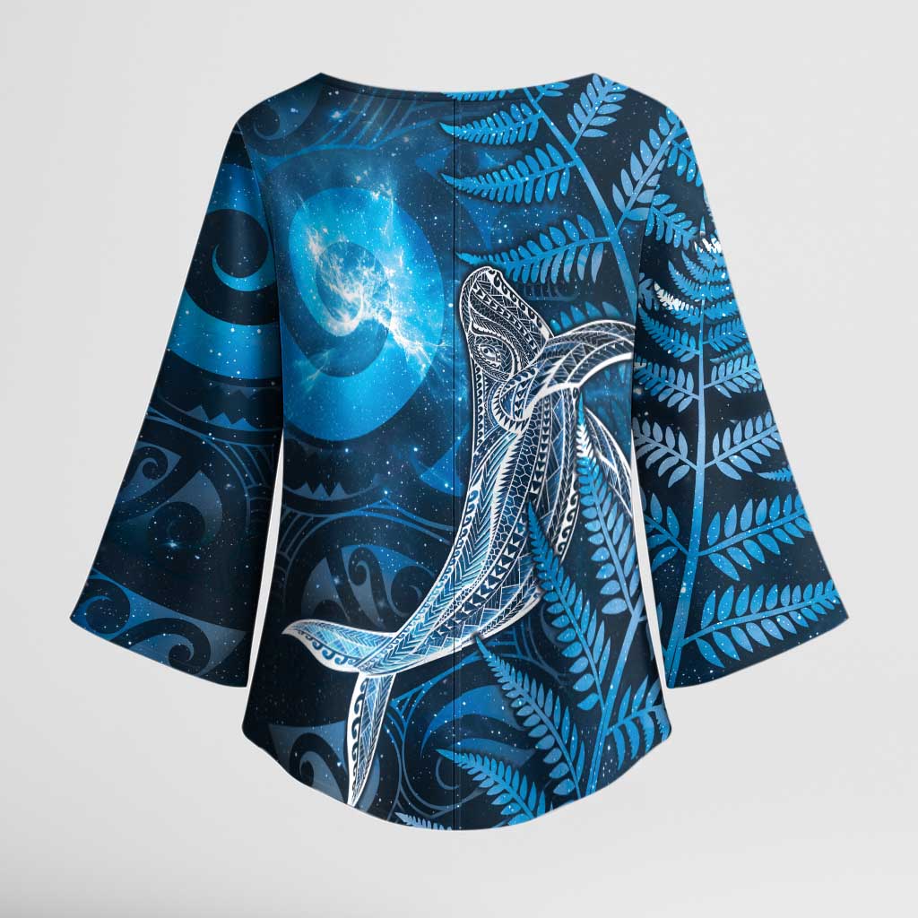 New Zealand Matariki Kimono Sleeve Blouse Maori Koru With Humpback Whale Blue