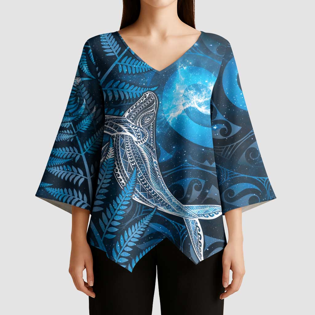 New Zealand Matariki Kimono Sleeve Blouse Maori Koru With Humpback Whale Blue