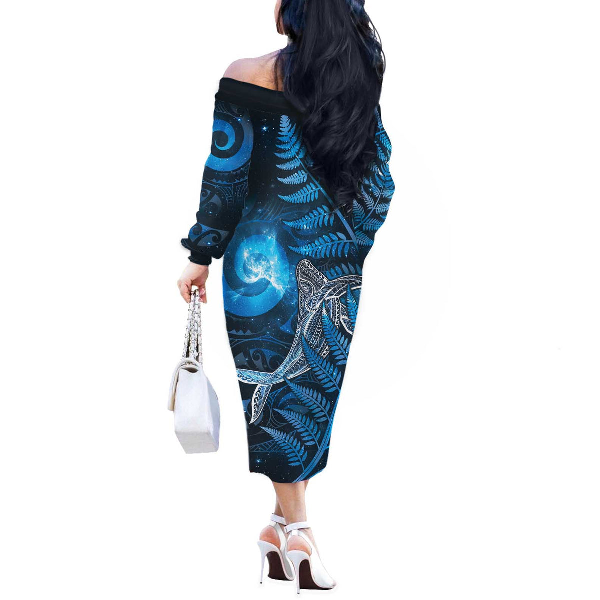 New Zealand Matariki Off The Shoulder Long Sleeve Dress Maori Koru With Humpback Whale Blue
