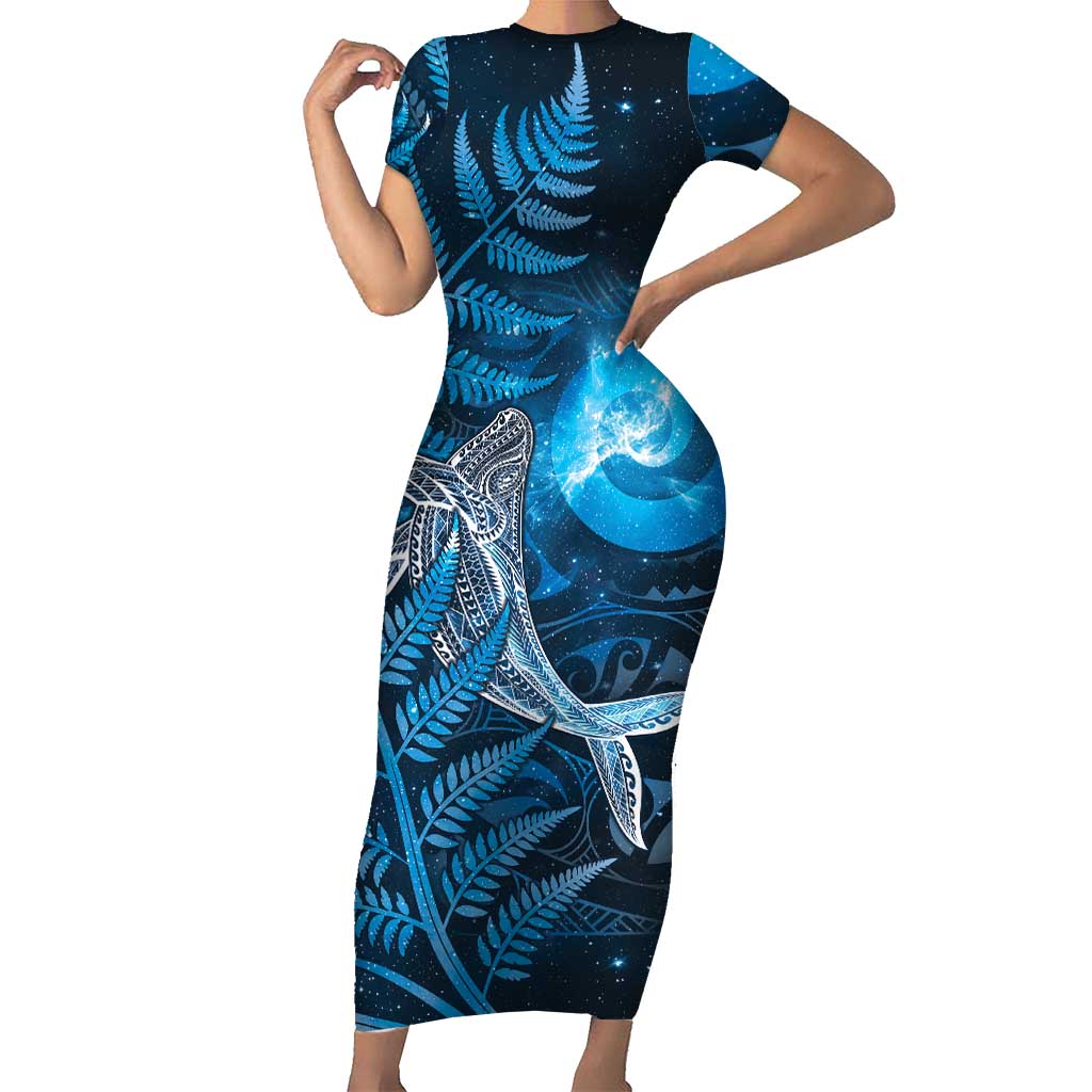New Zealand Matariki Short Sleeve Bodycon Dress Maori Koru With Humpback Whale Blue