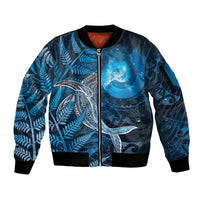 New Zealand Matariki Sleeve Zip Bomber Jacket Maori Koru With Humpback Whale Blue
