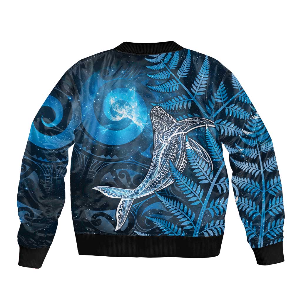 New Zealand Matariki Sleeve Zip Bomber Jacket Maori Koru With Humpback Whale Blue