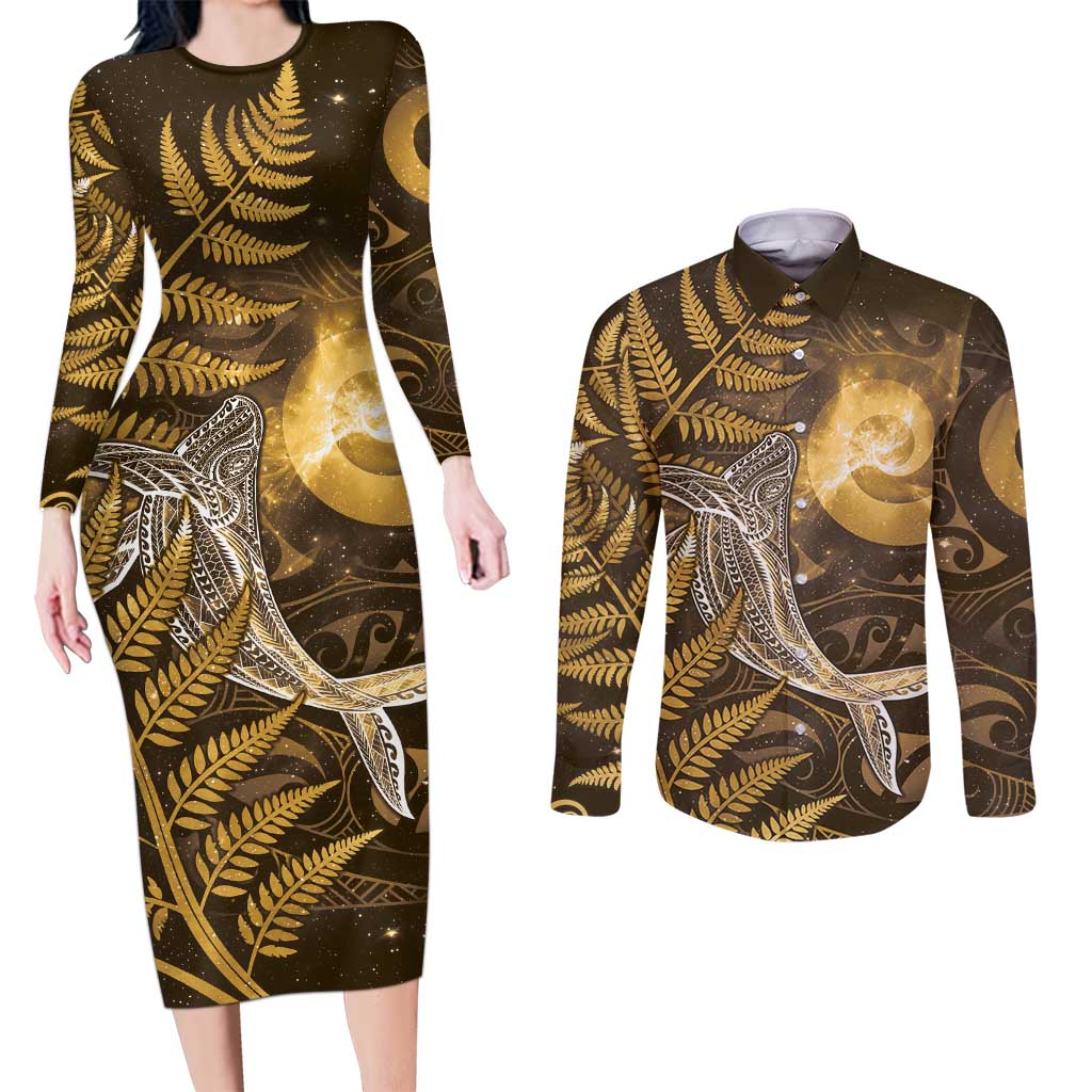 New Zealand Matariki Couples Matching Long Sleeve Bodycon Dress and Long Sleeve Button Shirt Maori Koru With Humpback Whale Gold LT05 Gold - Polynesian Pride