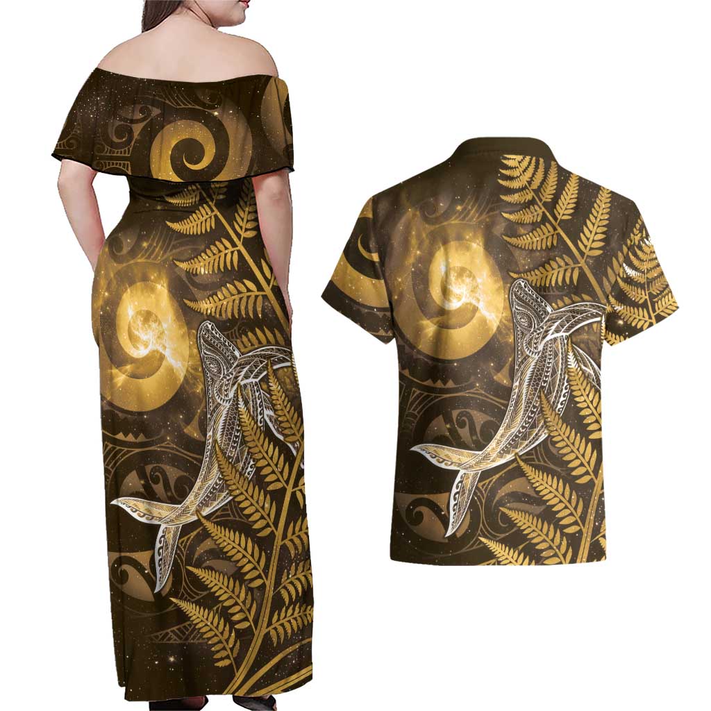 New Zealand Matariki Couples Matching Off Shoulder Maxi Dress and Hawaiian Shirt Maori Koru With Humpback Whale Gold LT05 - Polynesian Pride