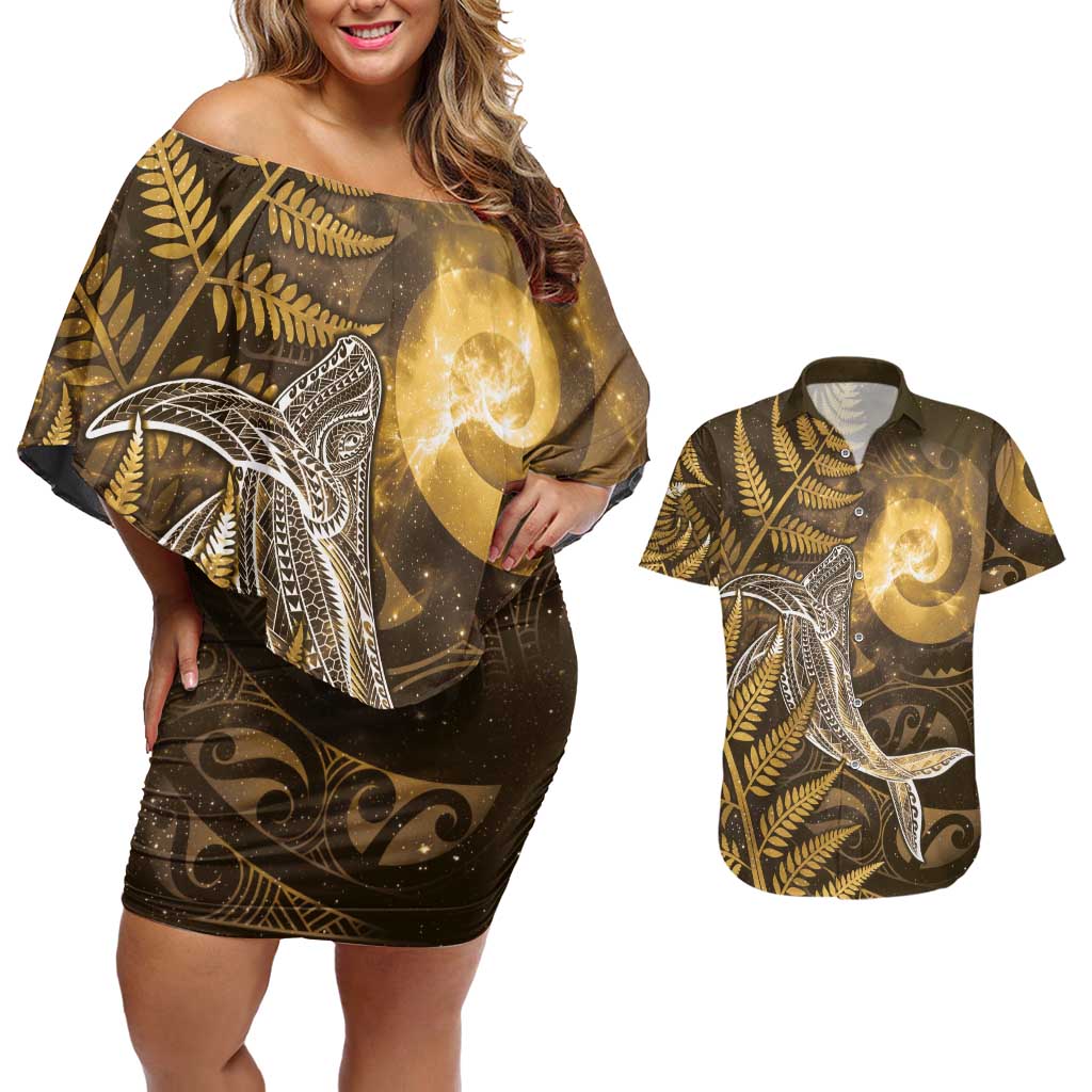 New Zealand Matariki Couples Matching Off Shoulder Short Dress and Hawaiian Shirt Maori Koru With Humpback Whale Gold LT05 Gold - Polynesian Pride