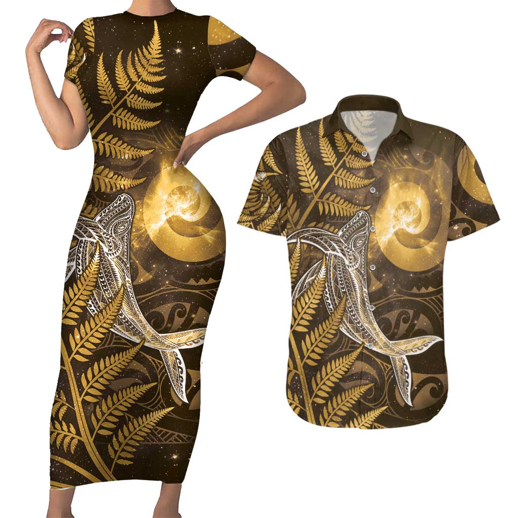 New Zealand Matariki Couples Matching Short Sleeve Bodycon Dress and Hawaiian Shirt Maori Koru With Humpback Whale Gold LT05 Gold - Polynesian Pride