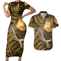 New Zealand Matariki Couples Matching Short Sleeve Bodycon Dress and Hawaiian Shirt Maori Koru With Humpback Whale Gold LT05 Gold - Polynesian Pride