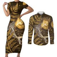 New Zealand Matariki Couples Matching Short Sleeve Bodycon Dress and Long Sleeve Button Shirt Maori Koru With Humpback Whale Gold LT05 Gold - Polynesian Pride