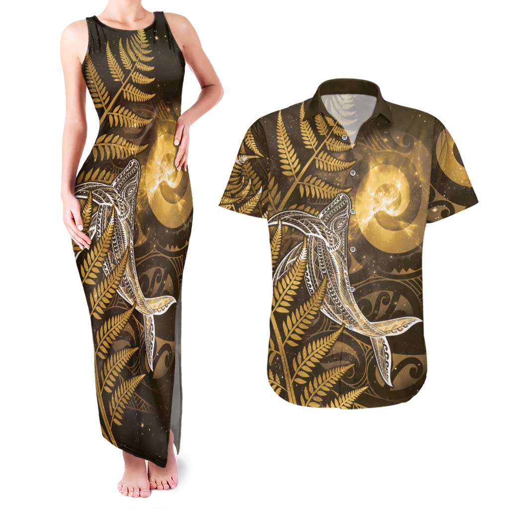 New Zealand Matariki Couples Matching Tank Maxi Dress and Hawaiian Shirt Maori Koru With Humpback Whale Gold LT05 Gold - Polynesian Pride