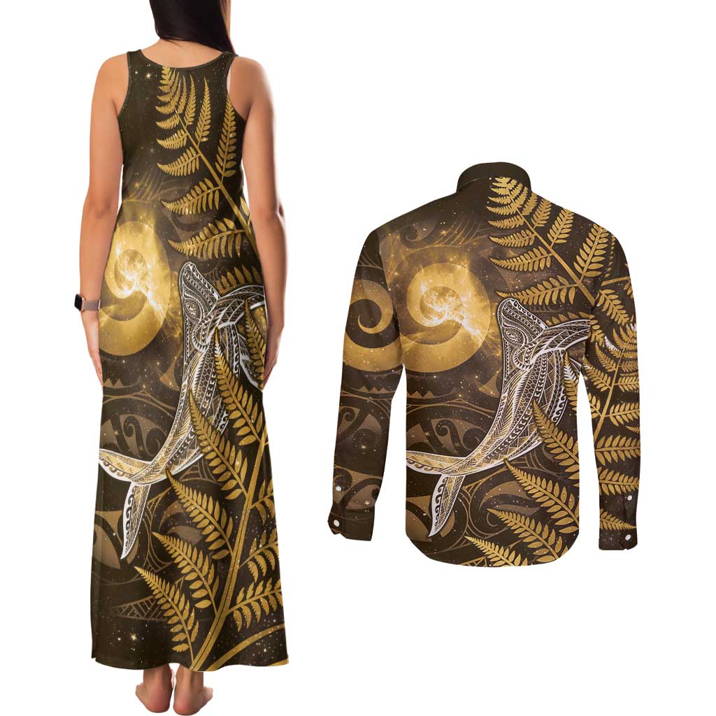 New Zealand Matariki Couples Matching Tank Maxi Dress and Long Sleeve Button Shirt Maori Koru With Humpback Whale Gold LT05 - Polynesian Pride