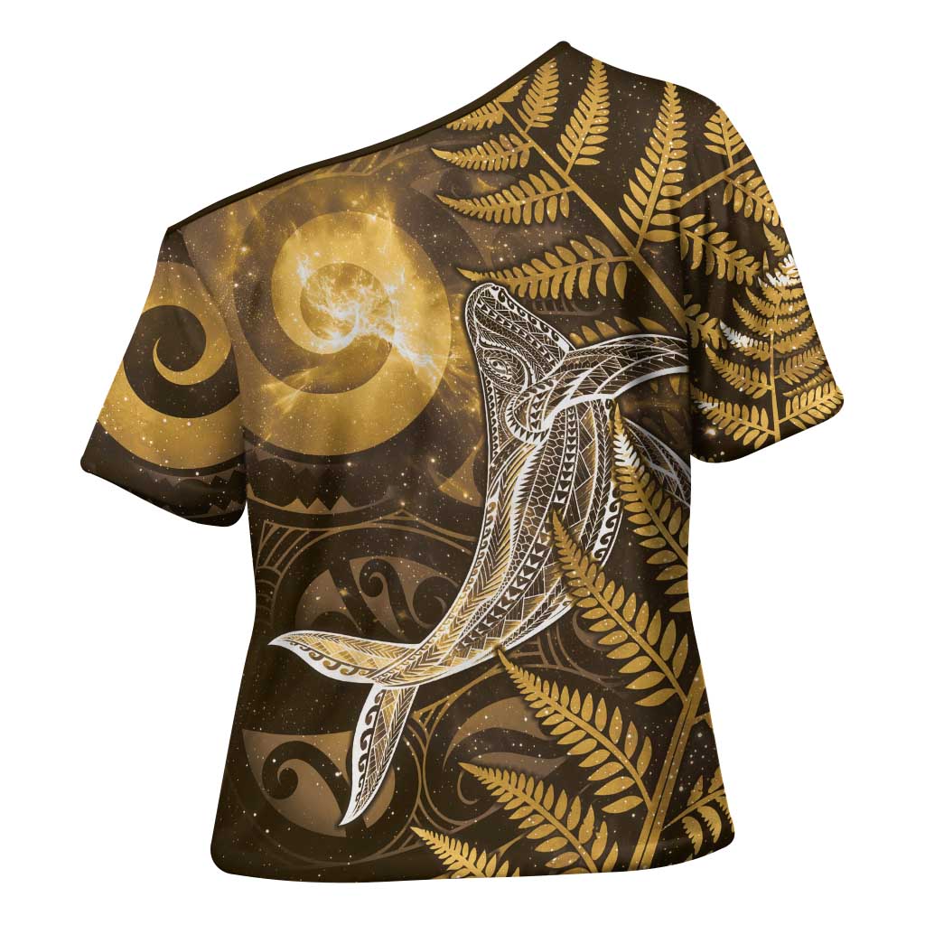 New Zealand Matariki Cross Shoulder Shirt Maori Koru With Humpback Whale Gold