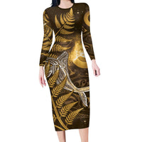 New Zealand Matariki Family Matching Long Sleeve Bodycon Dress and Hawaiian Shirt Maori Koru With Humpback Whale Gold LT05 Mom's Dress Gold - Polynesian Pride