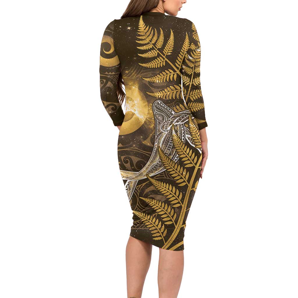 New Zealand Matariki Family Matching Long Sleeve Bodycon Dress and Hawaiian Shirt Maori Koru With Humpback Whale Gold LT05 - Polynesian Pride