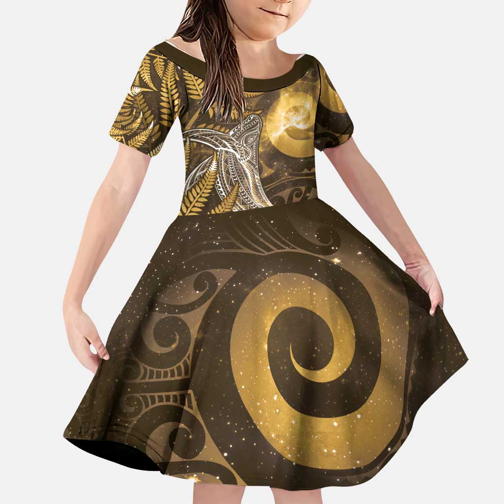New Zealand Matariki Family Matching Mermaid Dress and Hawaiian Shirt Maori Koru With Humpback Whale Gold LT05 Daughter's Dress Gold - Polynesian Pride