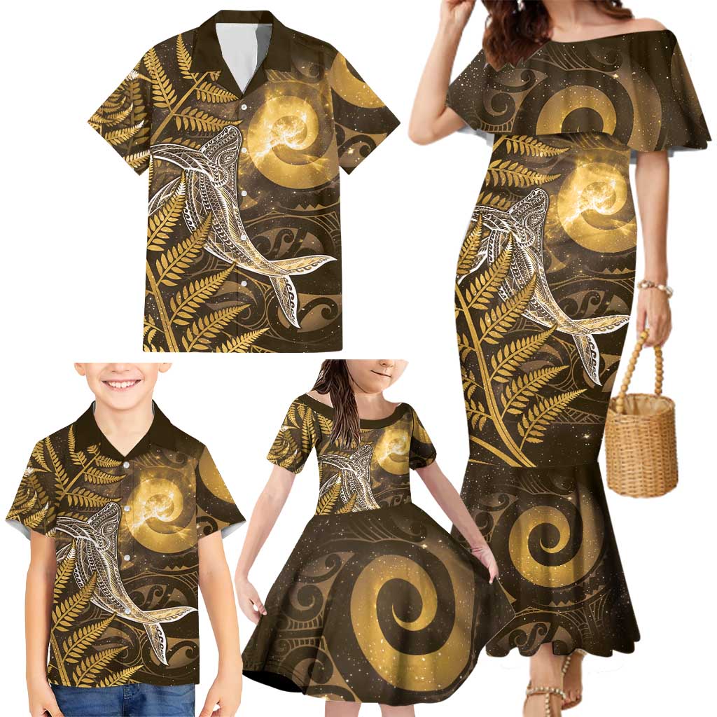 New Zealand Matariki Family Matching Mermaid Dress and Hawaiian Shirt Maori Koru With Humpback Whale Gold LT05 - Polynesian Pride