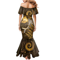 New Zealand Matariki Family Matching Mermaid Dress and Hawaiian Shirt Maori Koru With Humpback Whale Gold LT05 - Polynesian Pride