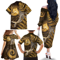 New Zealand Matariki Family Matching Off The Shoulder Long Sleeve Dress and Hawaiian Shirt Maori Koru With Humpback Whale Gold LT05 - Polynesian Pride