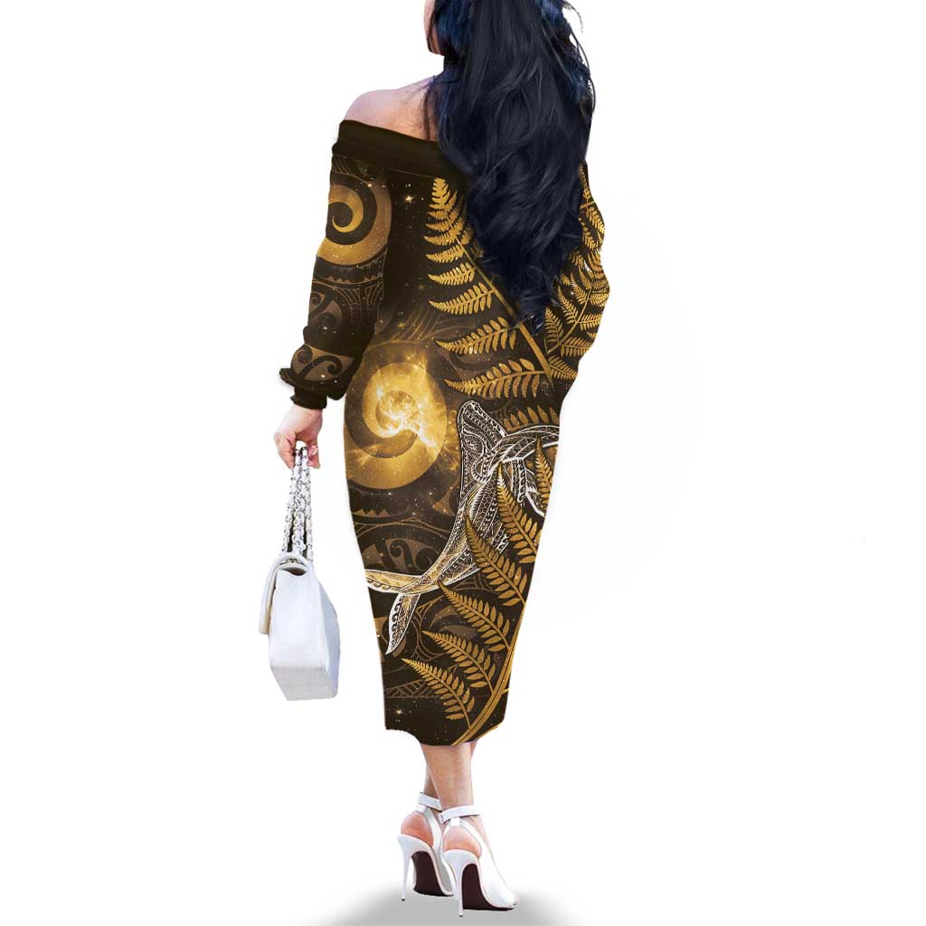 New Zealand Matariki Family Matching Off The Shoulder Long Sleeve Dress and Hawaiian Shirt Maori Koru With Humpback Whale Gold LT05 - Polynesian Pride