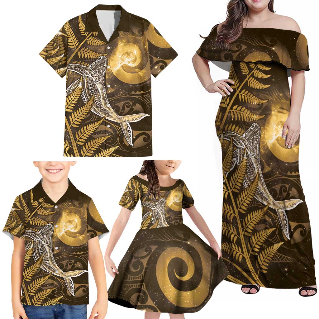 New Zealand Matariki Family Matching Off Shoulder Maxi Dress and Hawaiian Shirt Maori Koru With Humpback Whale Gold LT05 - Polynesian Pride