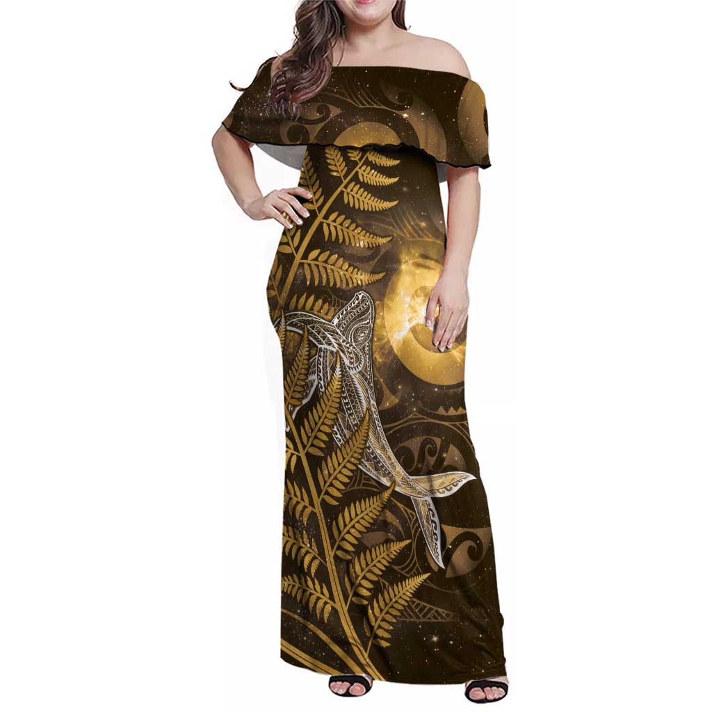 New Zealand Matariki Family Matching Off Shoulder Maxi Dress and Hawaiian Shirt Maori Koru With Humpback Whale Gold LT05 Mom's Dress Gold - Polynesian Pride