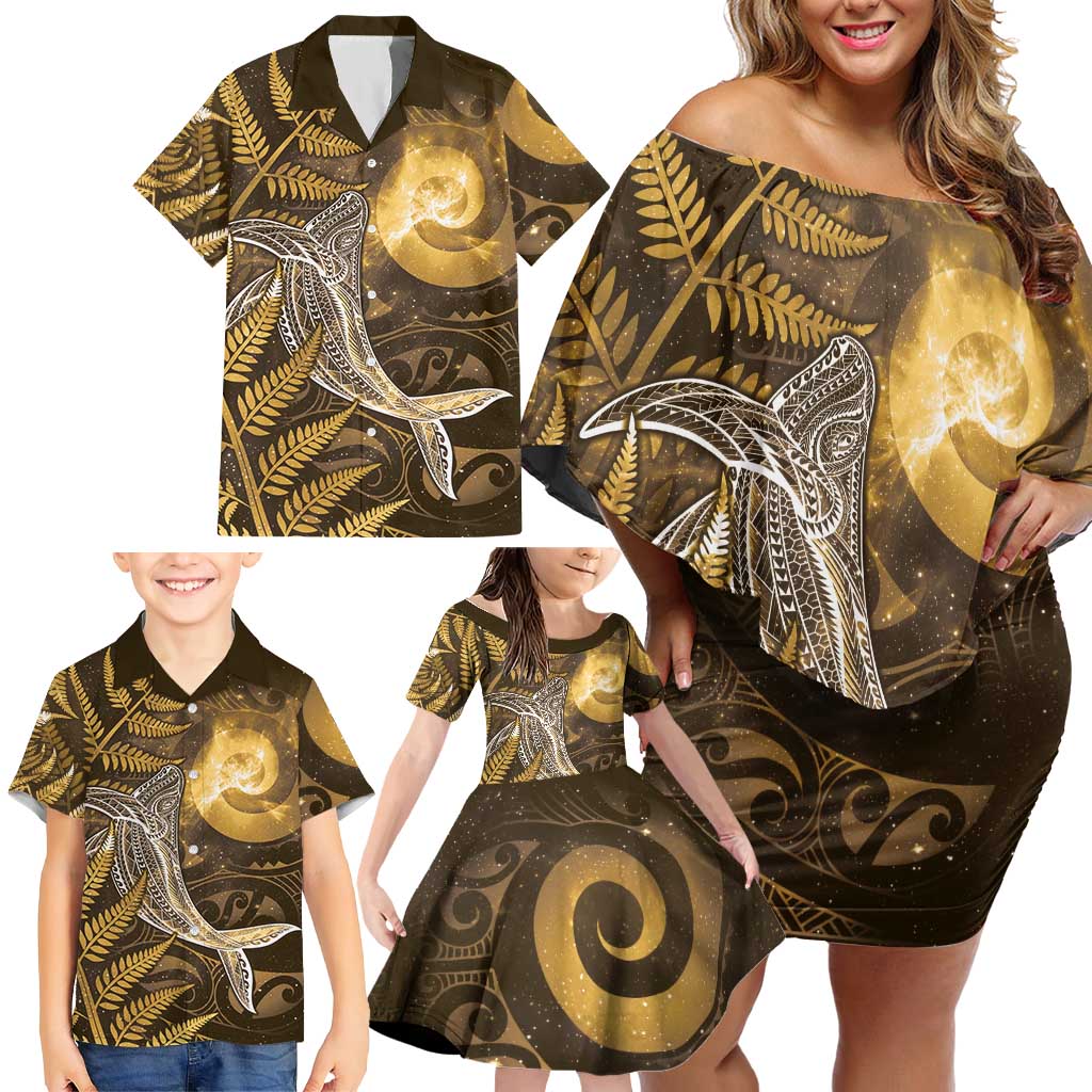 New Zealand Matariki Family Matching Off Shoulder Short Dress and Hawaiian Shirt Maori Koru With Humpback Whale Gold LT05 - Polynesian Pride