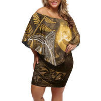 New Zealand Matariki Family Matching Off Shoulder Short Dress and Hawaiian Shirt Maori Koru With Humpback Whale Gold LT05 Mom's Dress Gold - Polynesian Pride