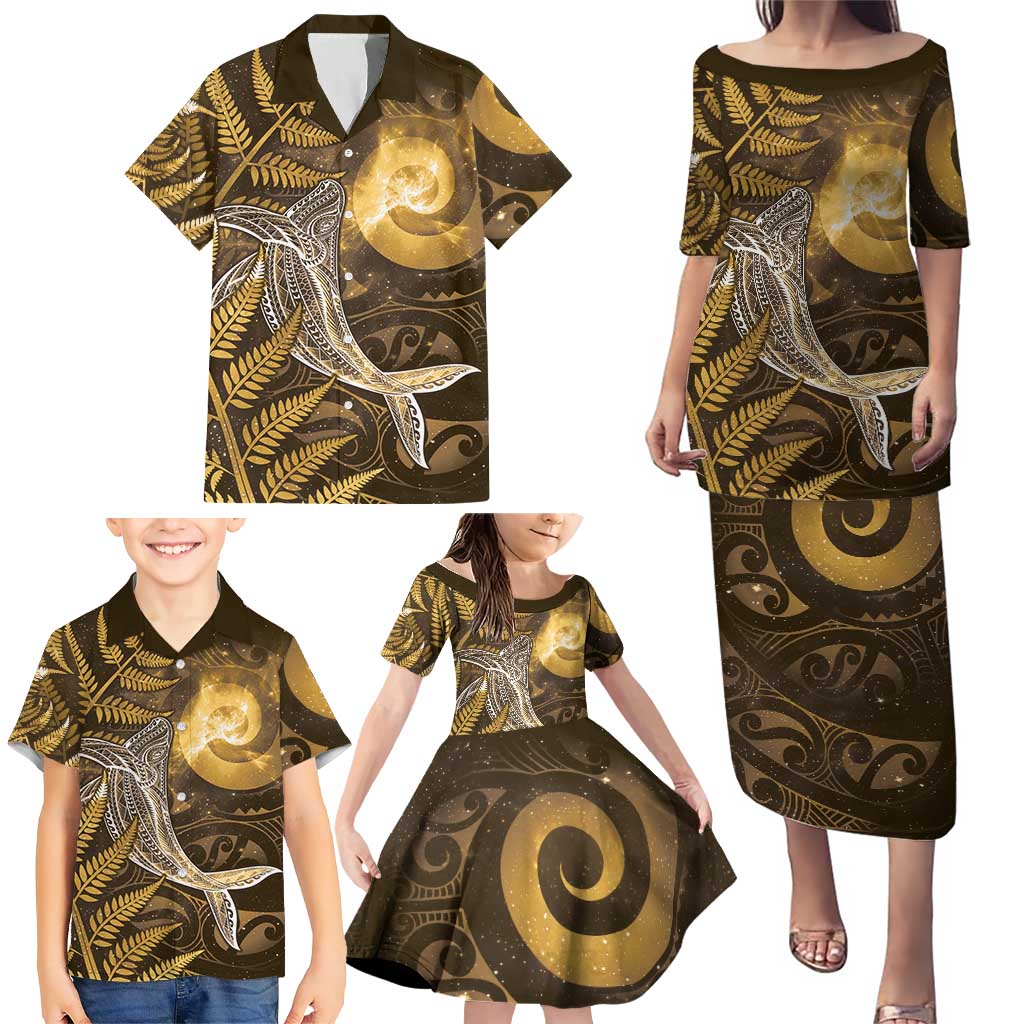 New Zealand Matariki Family Matching Puletasi and Hawaiian Shirt Maori Koru With Humpback Whale Gold LT05 - Polynesian Pride
