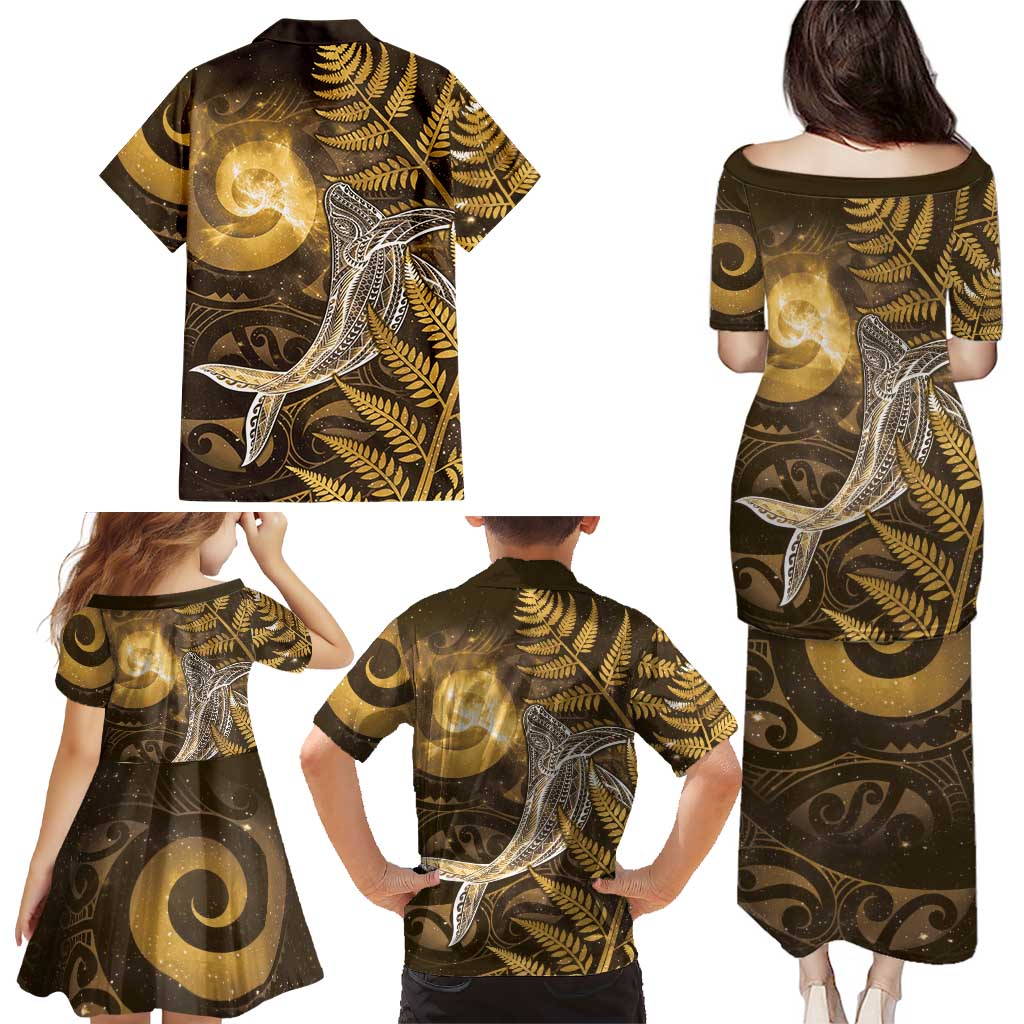 New Zealand Matariki Family Matching Puletasi and Hawaiian Shirt Maori Koru With Humpback Whale Gold LT05 - Polynesian Pride