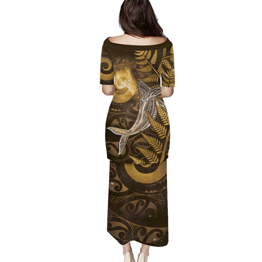 New Zealand Matariki Family Matching Puletasi and Hawaiian Shirt Maori Koru With Humpback Whale Gold LT05 - Polynesian Pride