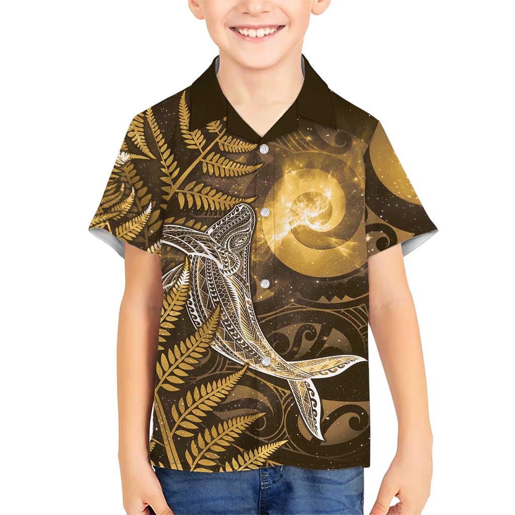 New Zealand Matariki Family Matching Puletasi and Hawaiian Shirt Maori Koru With Humpback Whale Gold LT05 Son's Shirt Gold - Polynesian Pride