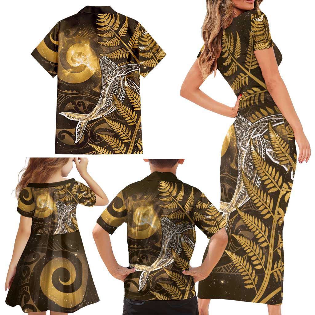 New Zealand Matariki Family Matching Short Sleeve Bodycon Dress and Hawaiian Shirt Maori Koru With Humpback Whale Gold LT05 - Polynesian Pride