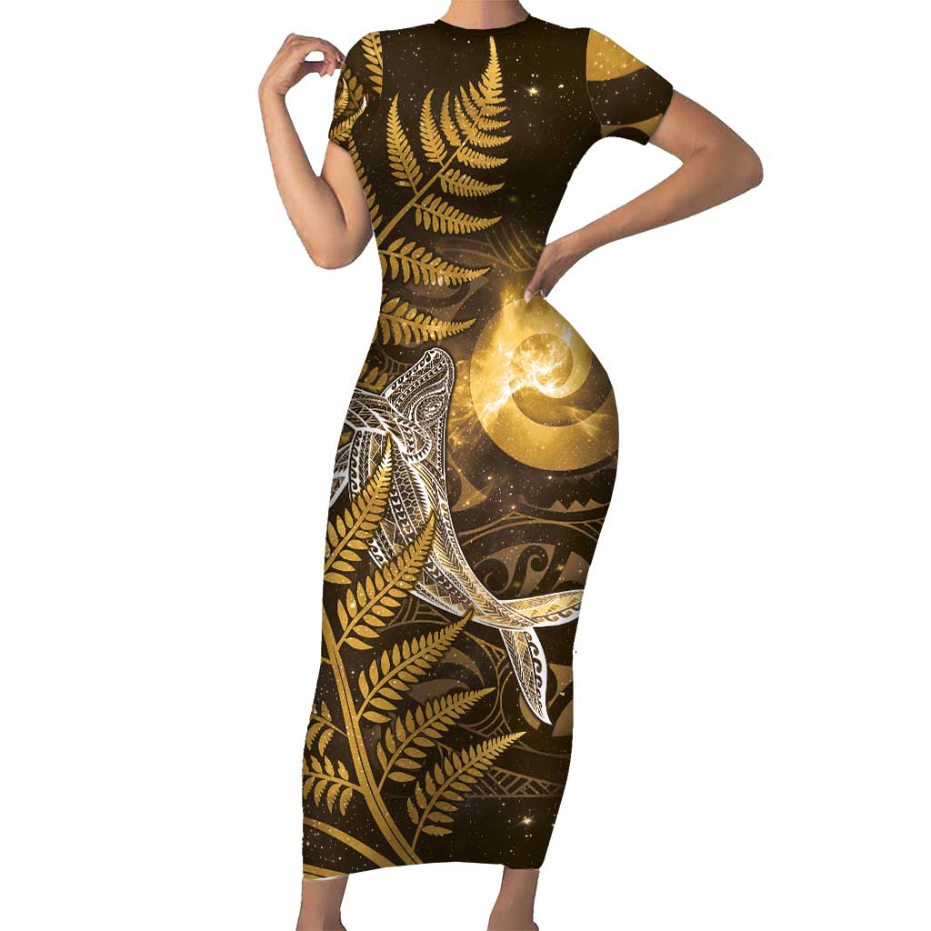 New Zealand Matariki Family Matching Short Sleeve Bodycon Dress and Hawaiian Shirt Maori Koru With Humpback Whale Gold LT05 Mom's Dress Gold - Polynesian Pride