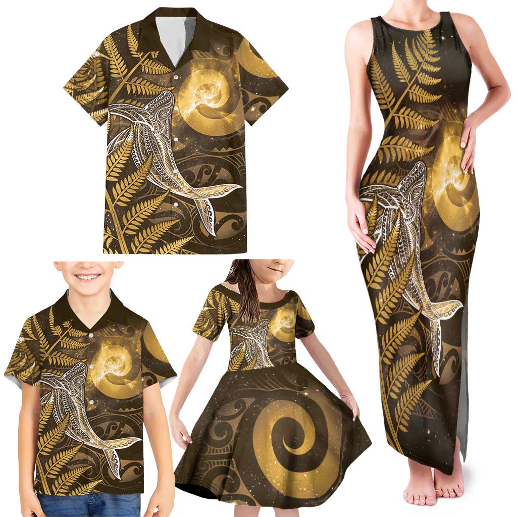 New Zealand Matariki Family Matching Tank Maxi Dress and Hawaiian Shirt Maori Koru With Humpback Whale Gold LT05 - Polynesian Pride