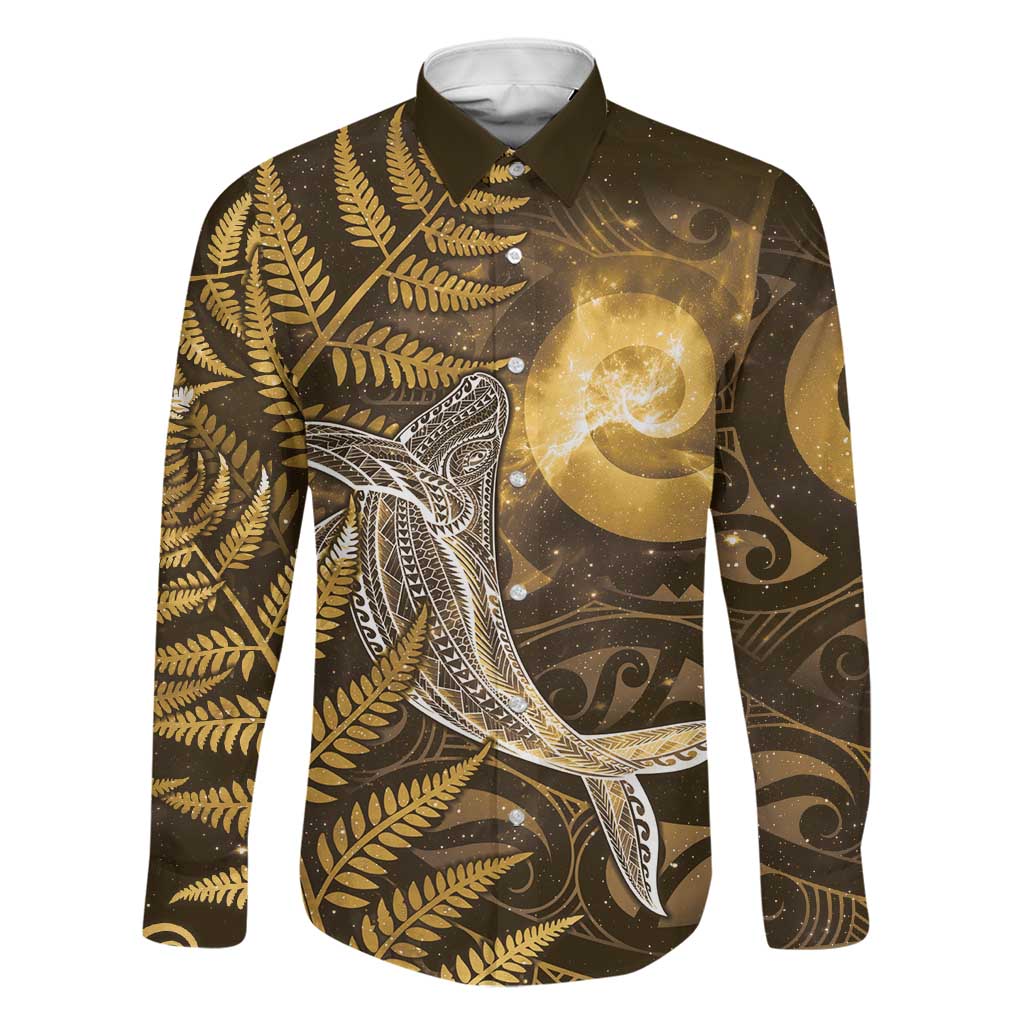 New Zealand Matariki Family Matching Tank Maxi Dress and Hawaiian Shirt Maori Koru With Humpback Whale Gold LT05 Dad's Shirt - Long Sleeve Gold - Polynesian Pride
