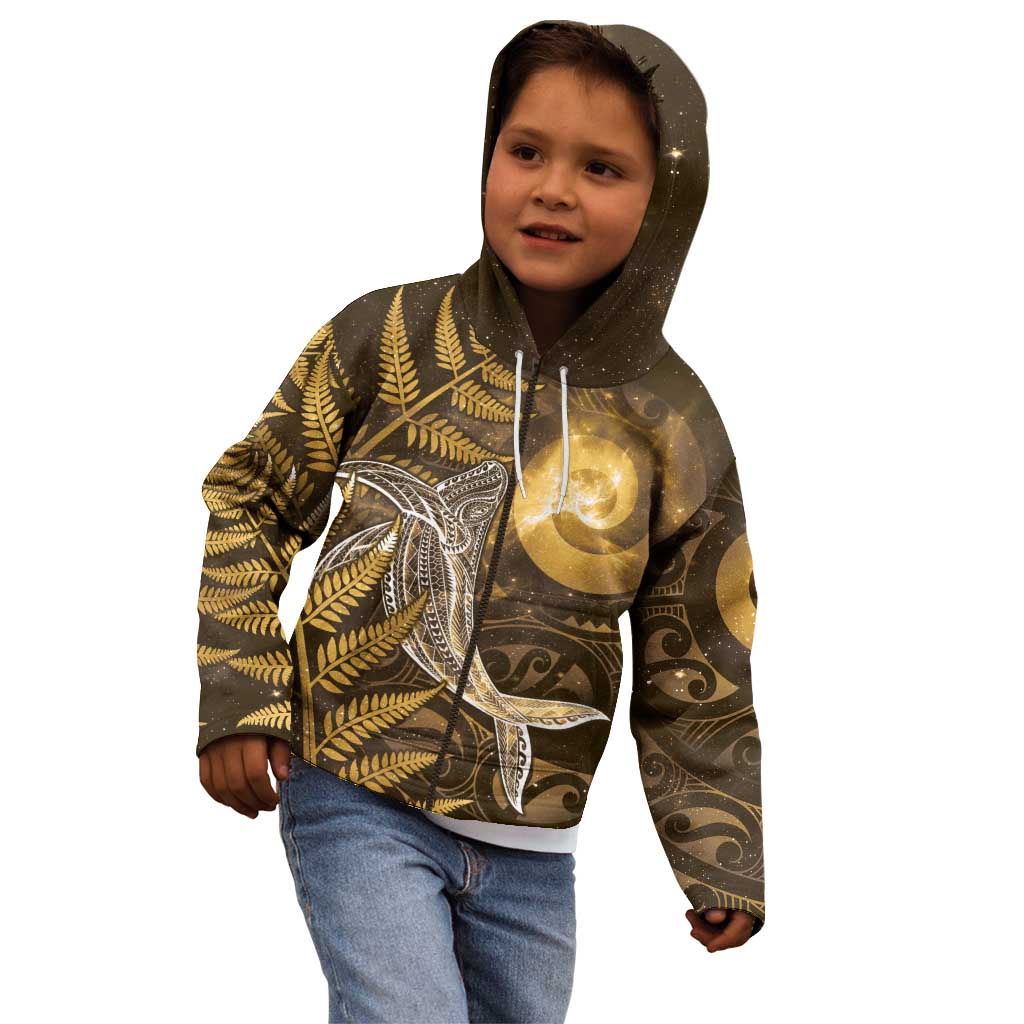 New Zealand Matariki Kid Hoodie Maori Koru With Humpback Whale Gold