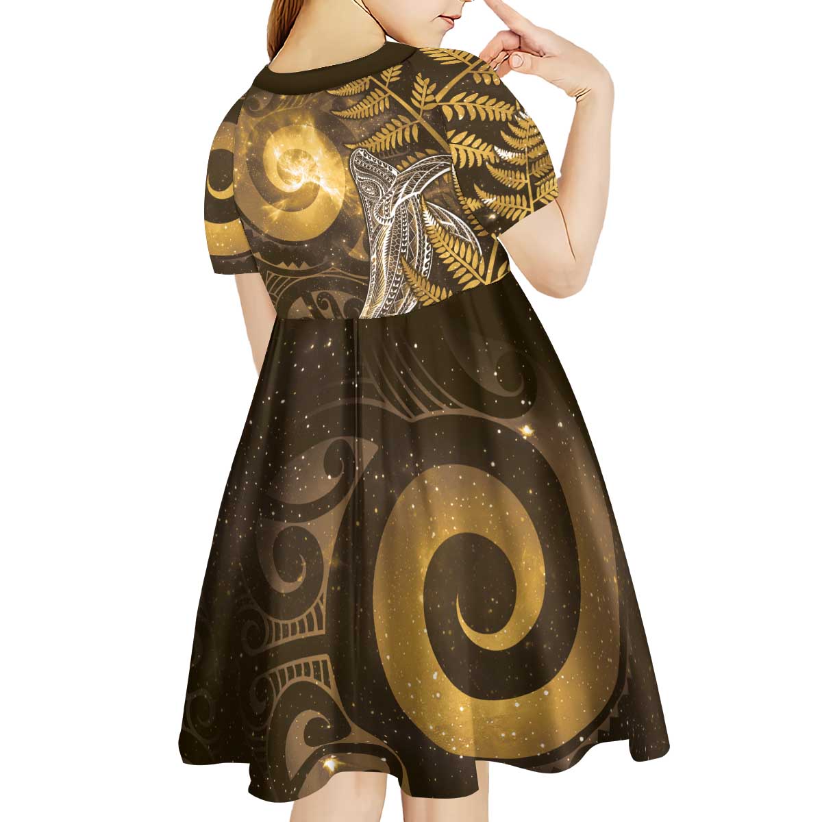 New Zealand Matariki Kid Short Sleeve Dress Maori Koru With Humpback Whale Gold
