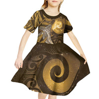 New Zealand Matariki Kid Short Sleeve Dress Maori Koru With Humpback Whale Gold