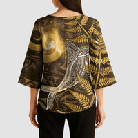 New Zealand Matariki Kimono Sleeve Blouse Maori Koru With Humpback Whale Gold