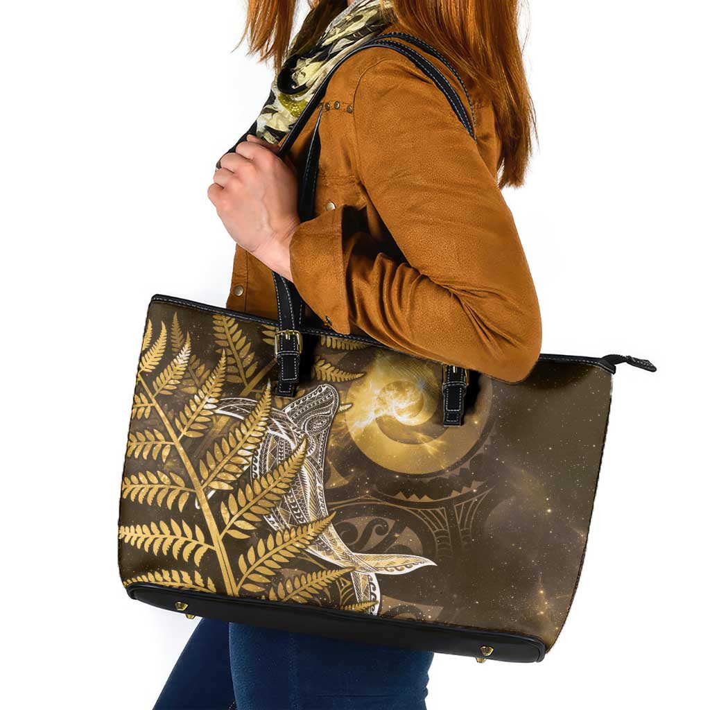 New Zealand Matariki Leather Tote Bag Maori Koru With Humpback Whale Gold