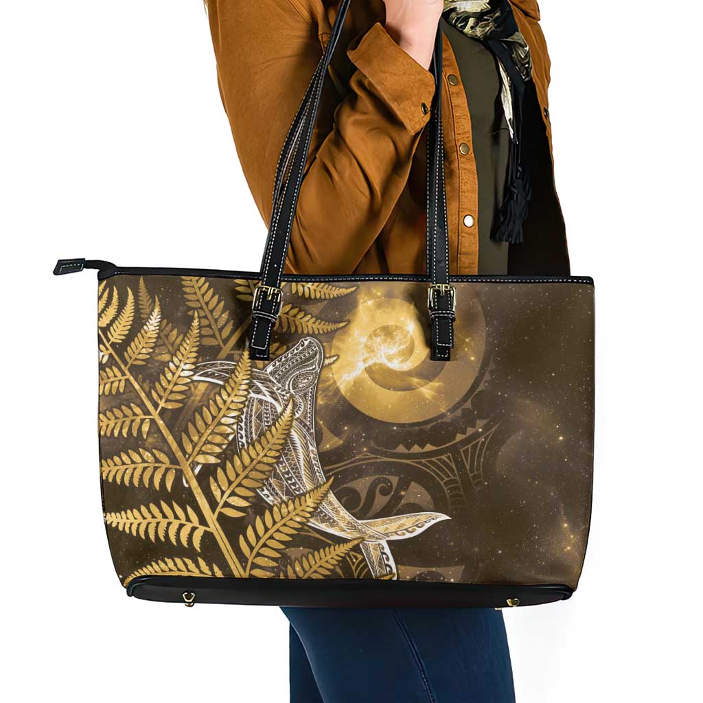 New Zealand Matariki Leather Tote Bag Maori Koru With Humpback Whale Gold