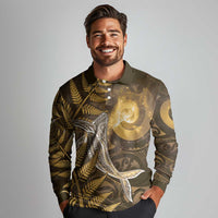 New Zealand Matariki Long Sleeve Polo Shirt Maori Koru With Humpback Whale Gold